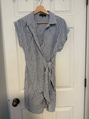 Aakaa Navy and White Striped Wrap Mini Dress